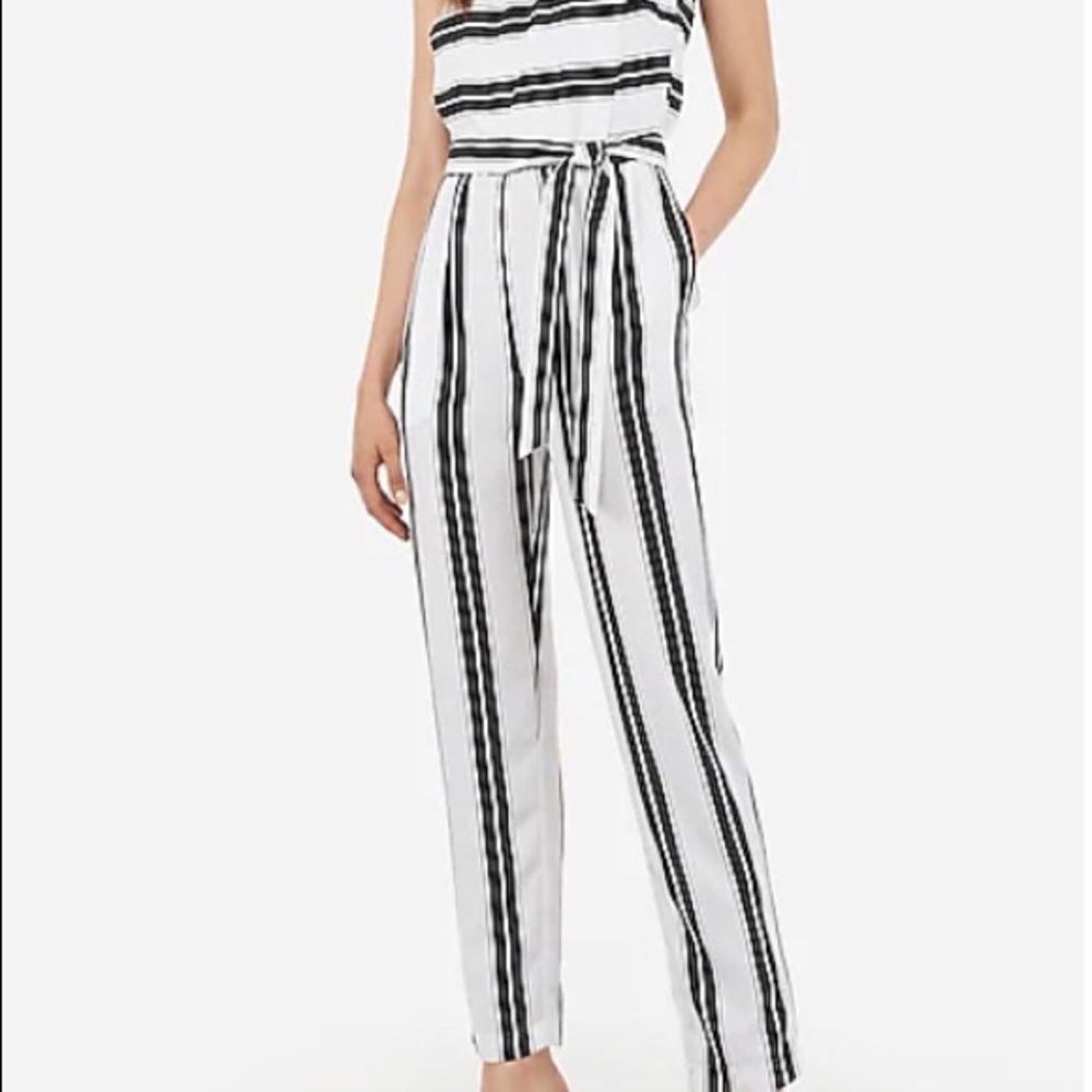Express | Red and Navy Striped Strapless Jumpsuit